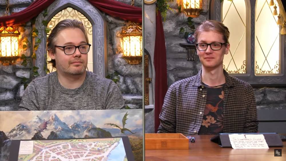 Mark "Sherlock" Hulmes and Tom Hazell on High Rollers DND (Altheya: The Dragon Empire) using a Silverwood Dice Tray from our range of tabletop gaming accessories.