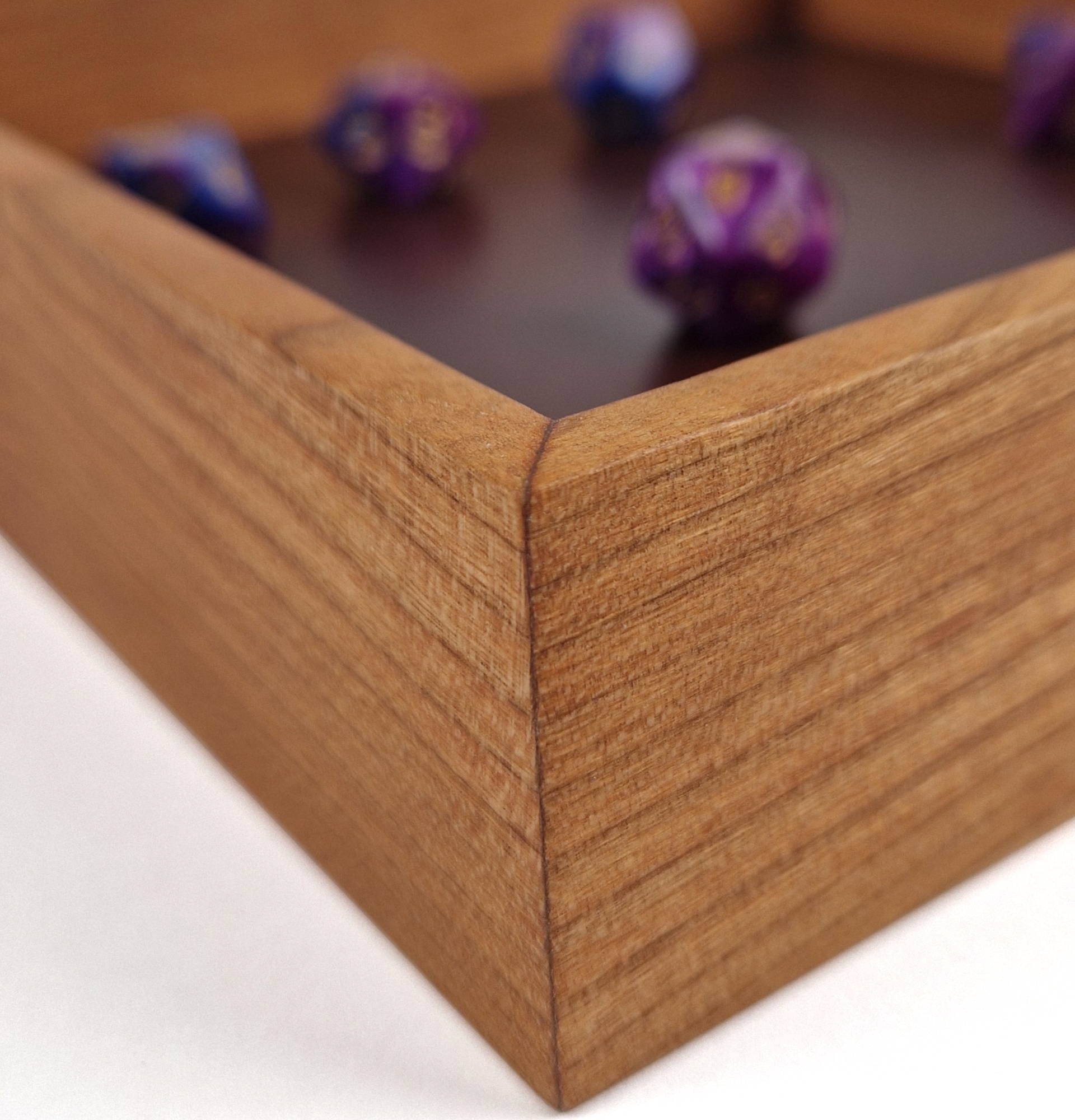 Cherry Artisan Dice Tray for DnD - Corner view with dice