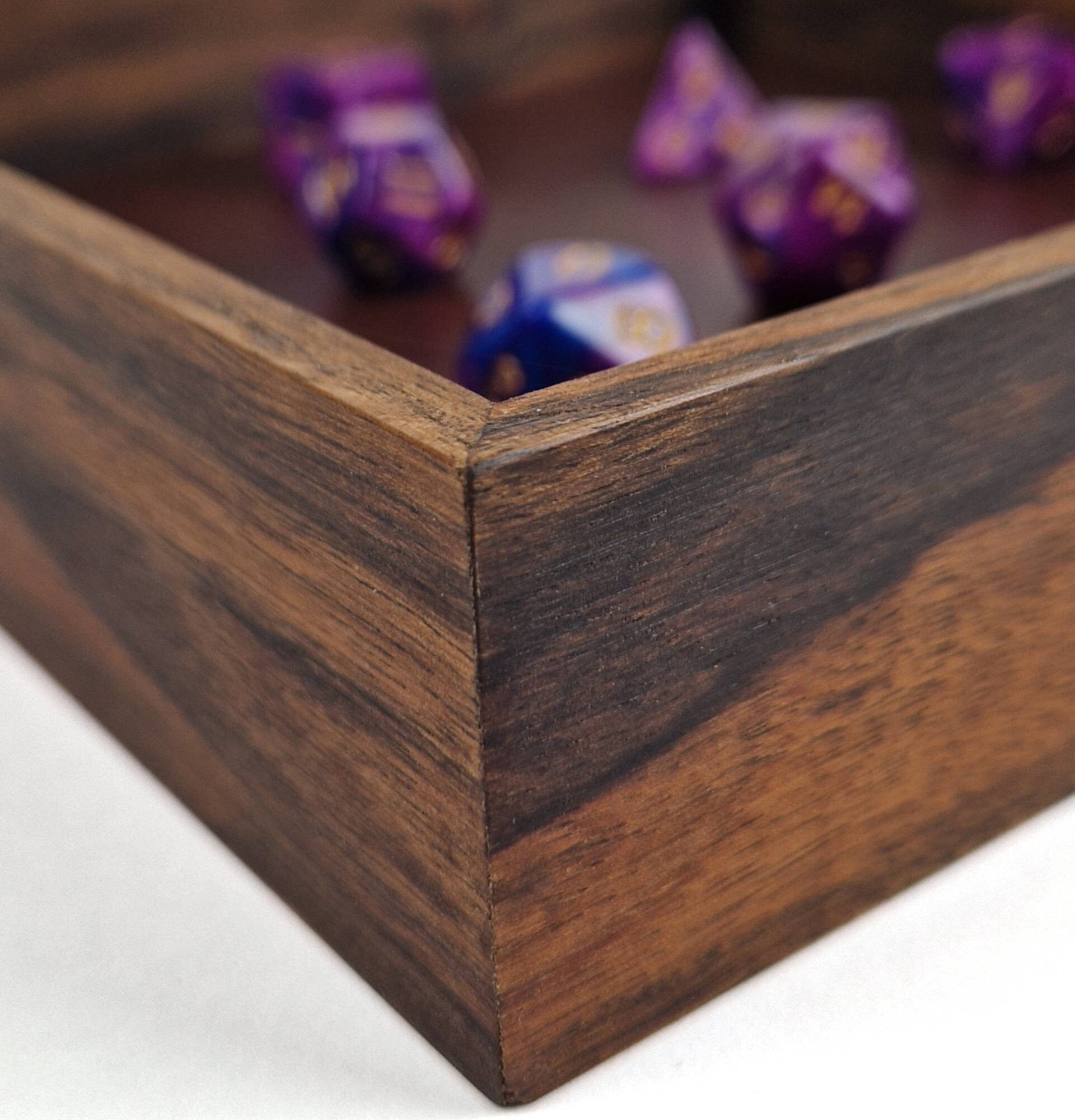Wooden Dice Tray - Walnut Artisan Tray - corner view with dice.