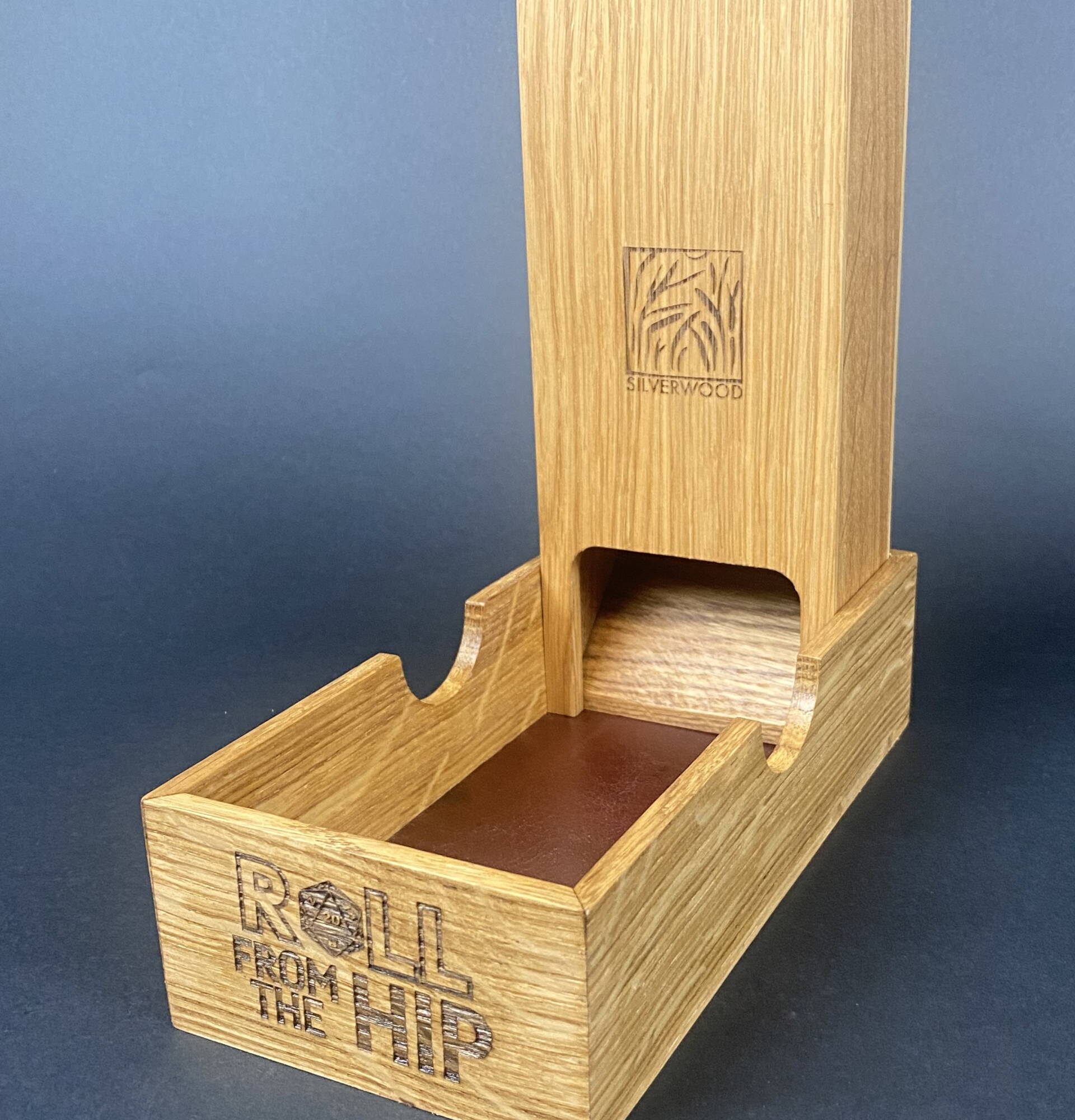 DTORFTH1 Roll From The Hip branded Oak Dice Tower by Silverwood Gaming