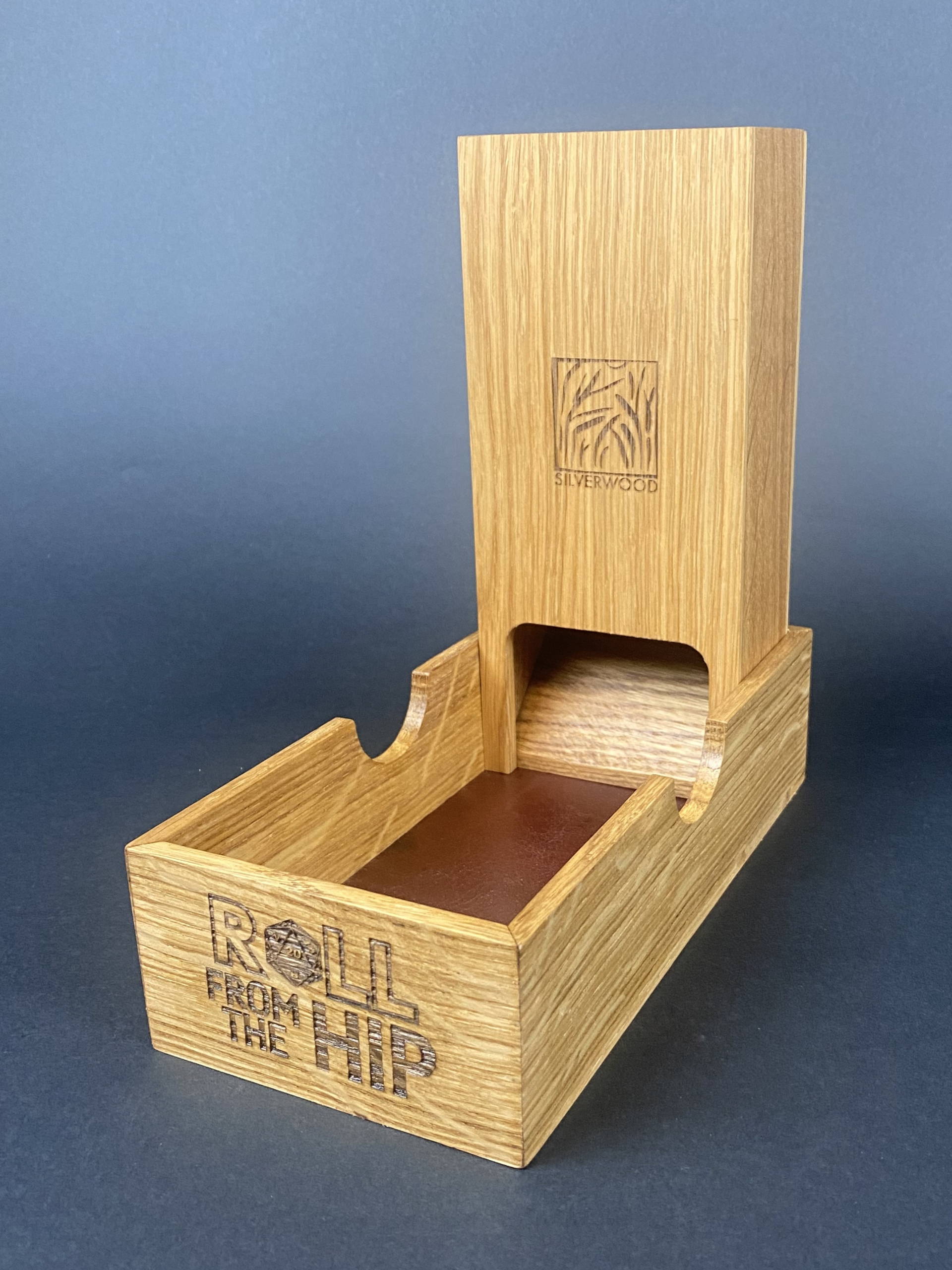 DTORFTH1 Roll From The Hip branded Oak Dice Tower by Silverwood Gaming