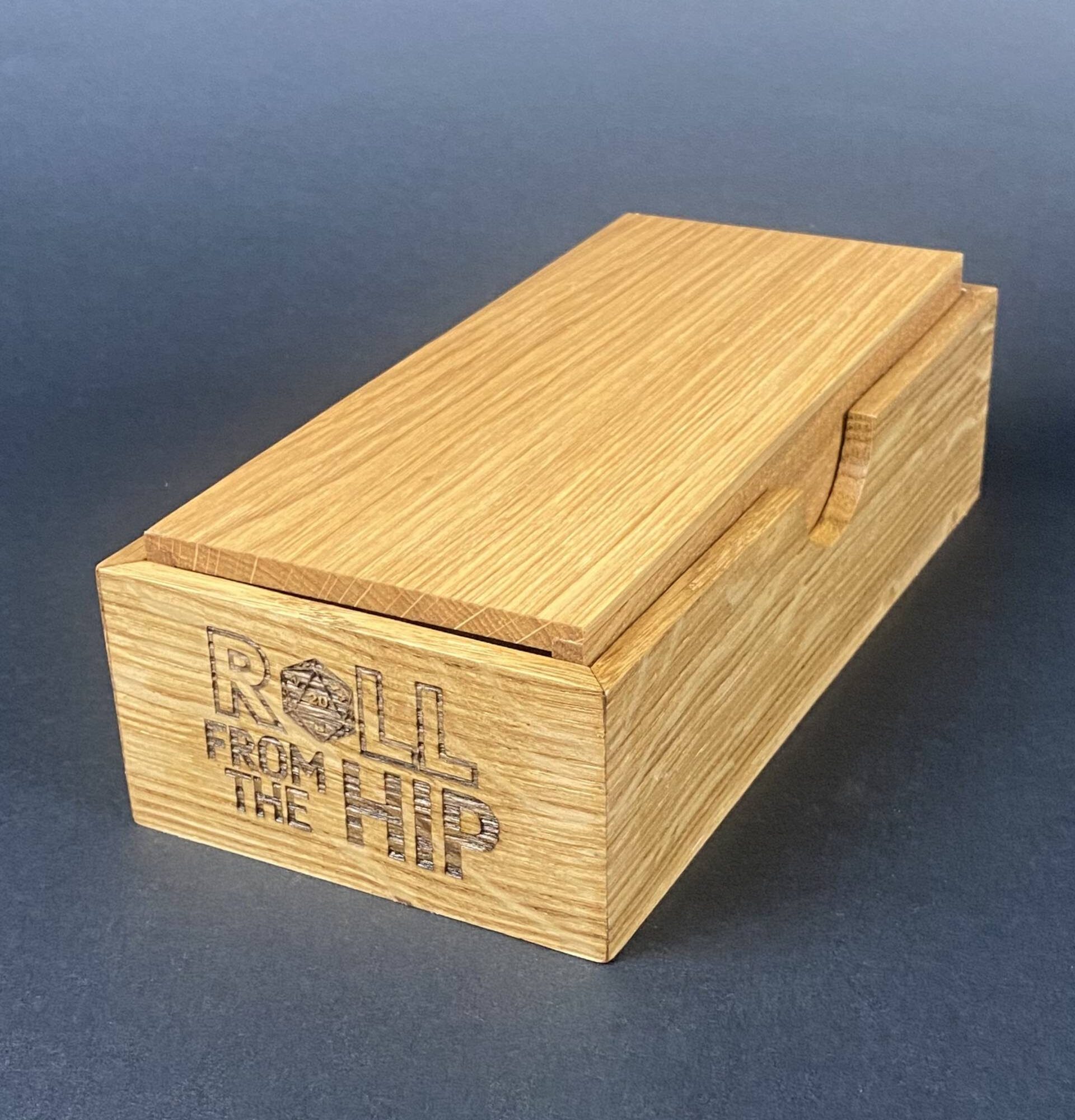 DTORFTH2 Roll From The Hip branded Oak Dice Tower (closed) by Silverwood Gaming