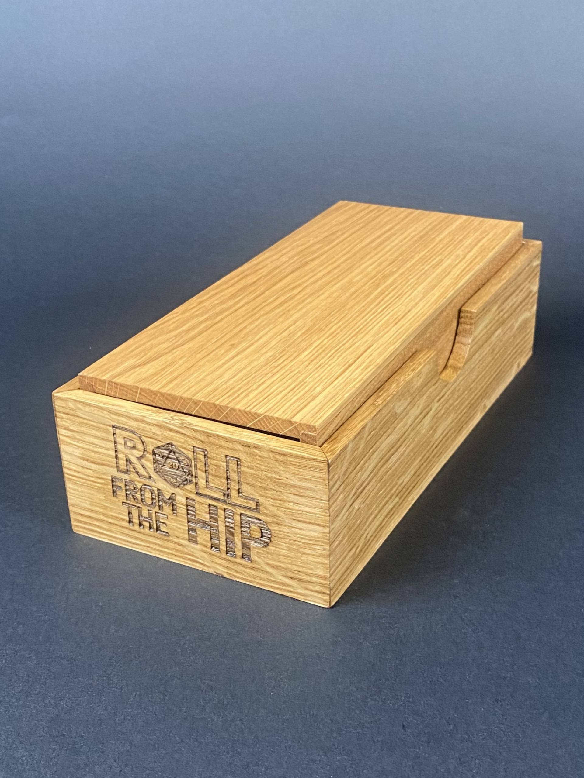 DTORFTH2 Roll From The Hip branded Oak Dice Tower (closed) by Silverwood Gaming