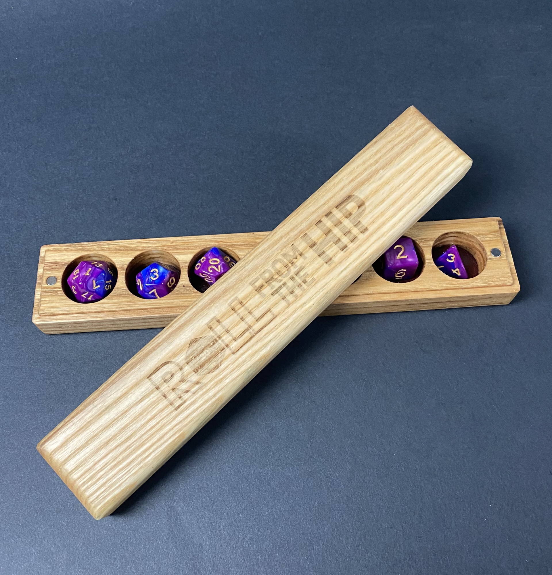 Roll From The Hip Ash Dice Vault. Open, with dice (not included)