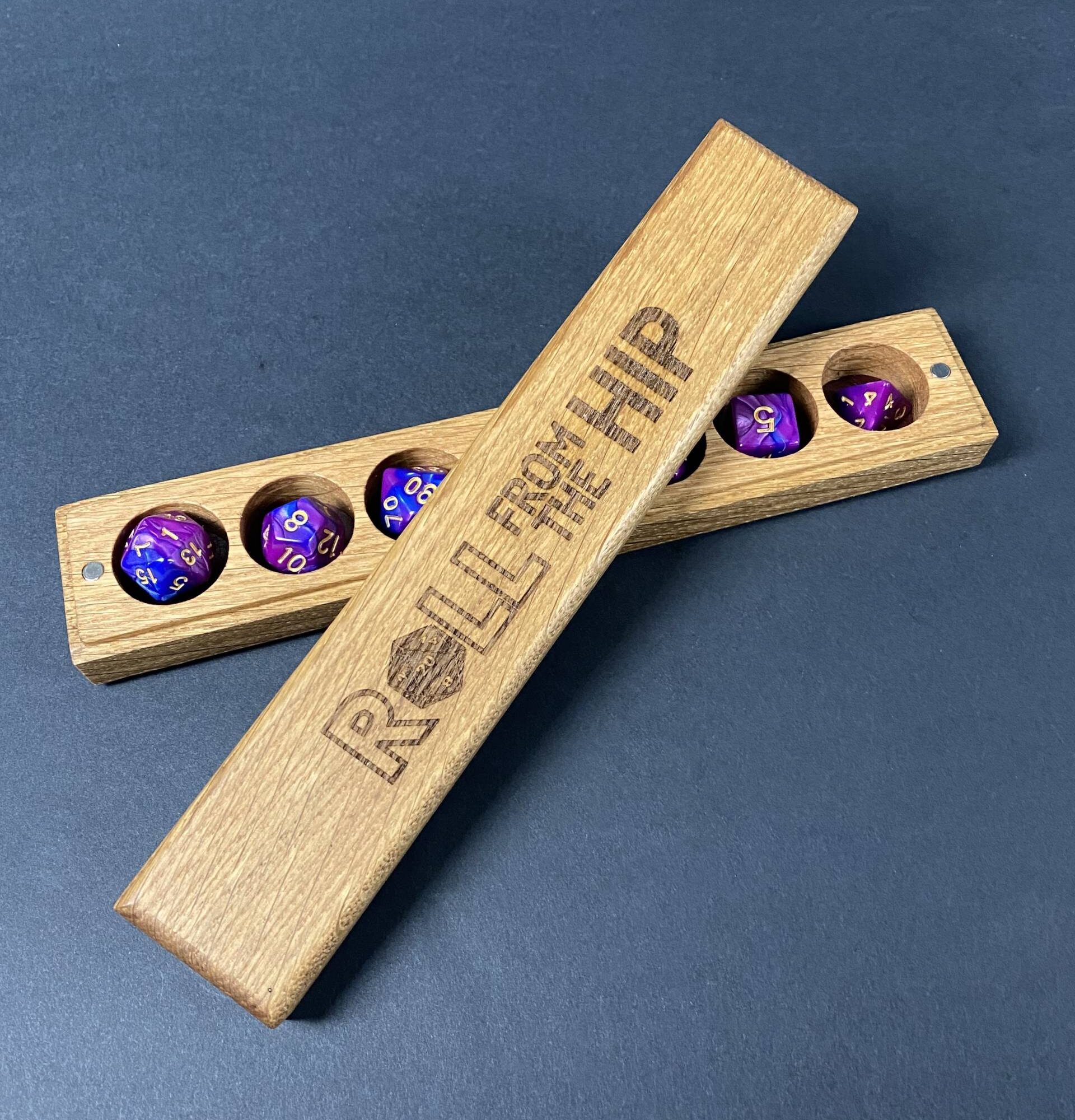 Roll From The Hip Oak Dice Vault. Open, with dice (not included)
