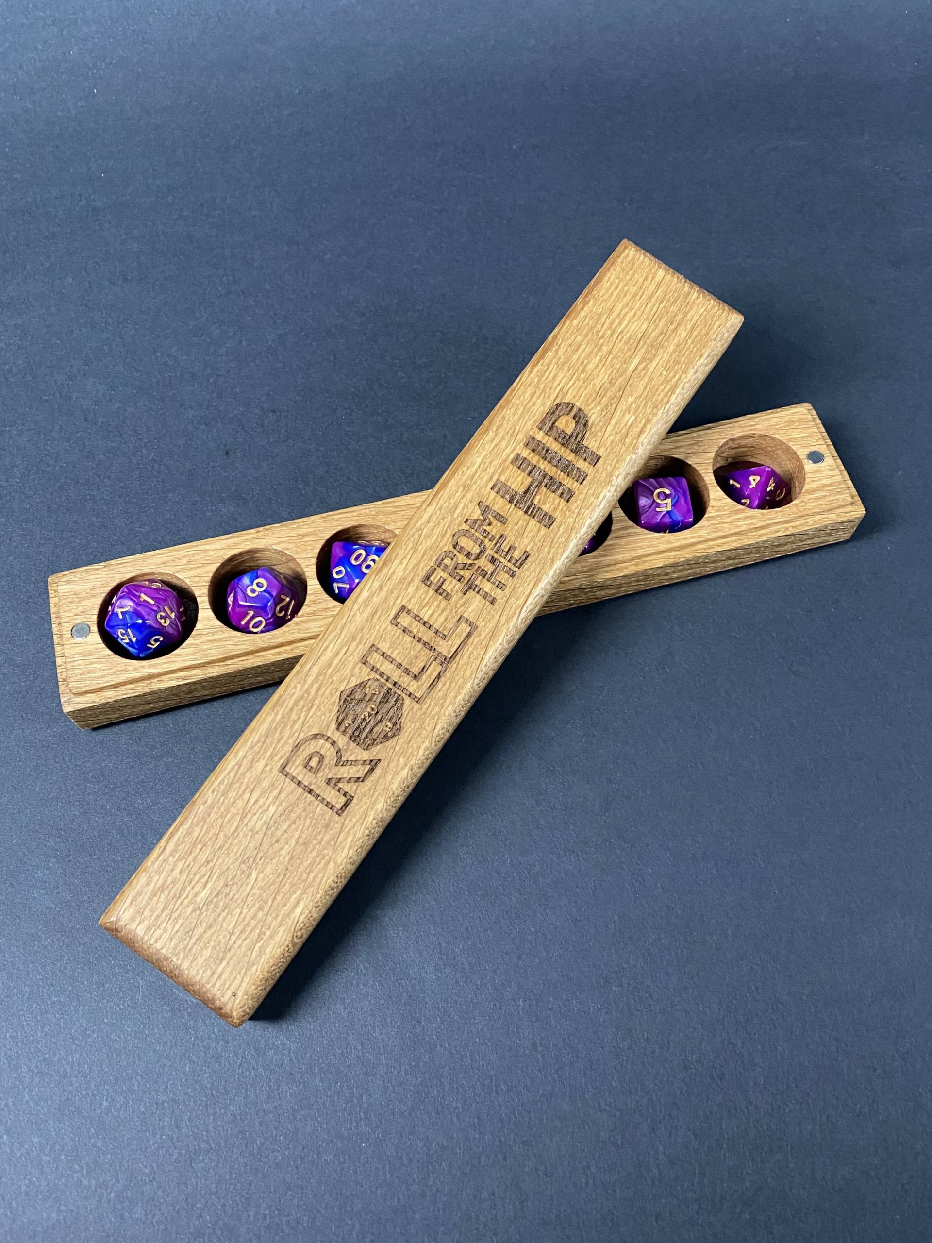 Roll From The Hip Oak Dice Vault. Open, with dice (not included)