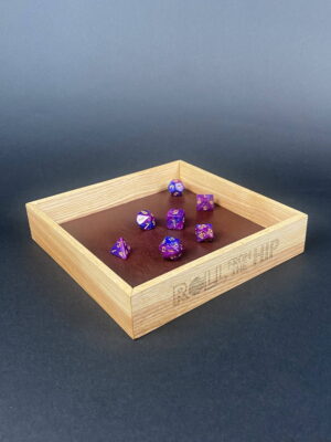 Roll From The Hip branded Ash Dice Tray (shown with dice) by Silverwood Gaming