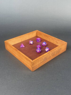 Roll From The Hip branded Cherry Dice Tray (shown with dice) by Silverwood Gaming